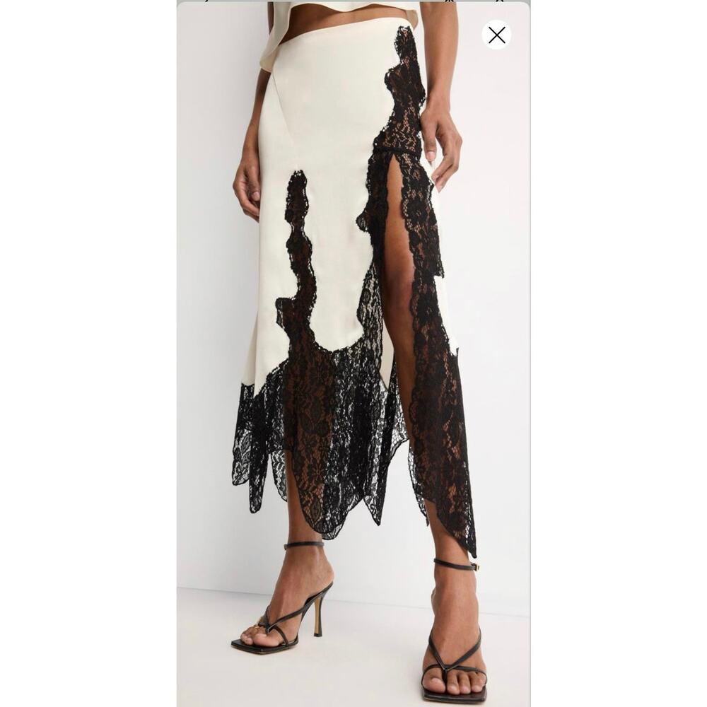 RONNY KOBO White Black Lace Detail Trim Pull On Style High Slit Skirt size 6
